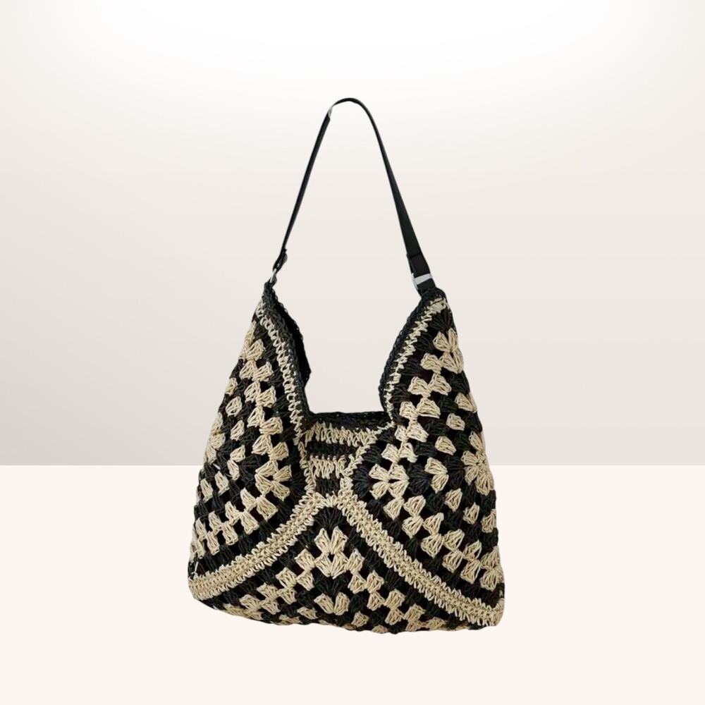 Boutique Boho Crochet Shoulder Bag Black Cream Leather Handle Magnetic Closure